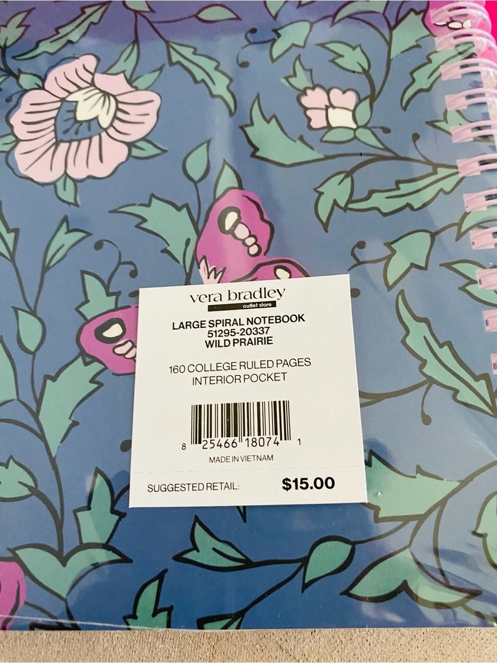 Vera Bradley Large Spiral Notebook NWT Wild Prairie. 160 pages